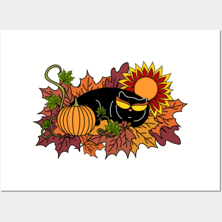 Fall Cat with Autumn Leaves, Sunflower and Pumpkin Posters and Art